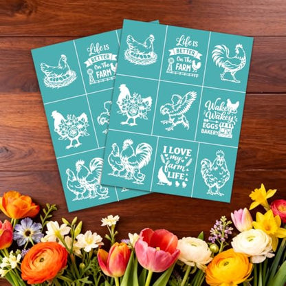2 Sheets Farmhouse Chicken Silkscreen Stencil, Rooster Hen Self-Adhesive Silk Screen Printing Stencils Reusable Mesh Stencil for Painting on Wood, T-Shirt, Home Craft - color: Chicken