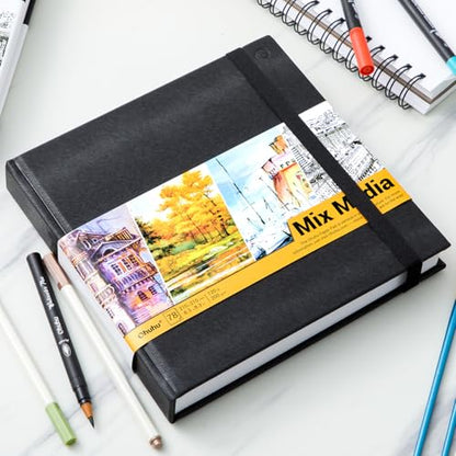 Ohuhu Mixed Media Pad - 8.3" x 8.3" Square Mix Media Sketchbook, 120 LB/200 GSM Heavyweight Papers, 78 Sheets/156 Pages, PU Hardcover Multi-Media Paper Pad for Acrylic Painting Christmas Gift - size: 8.3" x 8.3"