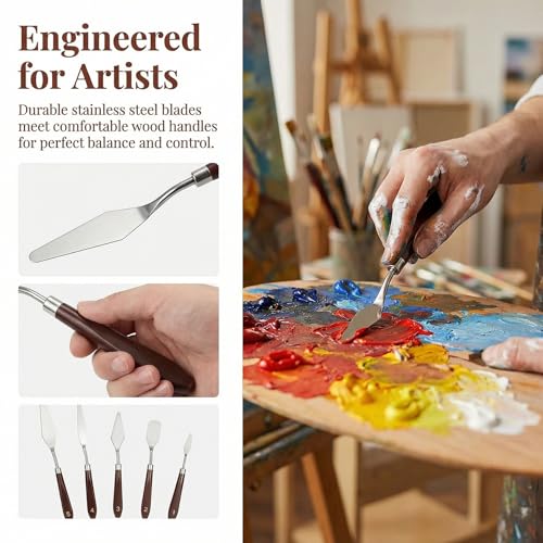 5pcs Palette Knife Painting Stainless Steel Spatula Wood Handle | Oil Paint Knives, for Oil Painting, Acrylic Painting, Paint Mixing, Texture Art, Canvas and Artist Use