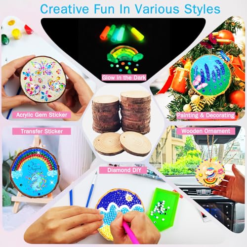 KIRKOTOY Wooden Crafts Kit for Kids-Glow in The Dark-Arts & Crafts Gifts for Boys Girls Age 6-12, 24 Wood Slices with Painting Craft Activities Kits, Creative Art Toys for 6 7 8 9 10 11 12 Year Old