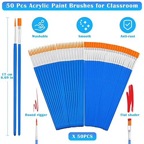 Small Paint Brushes Bulk, Anezus 50 Pcs Flat Tip Paint Brushes with Round Acrylic Paint Brushes Set Craft Brushes for Classroom Acrylic Watercolor Canvas Face Painting Touch Up - style: flat and round