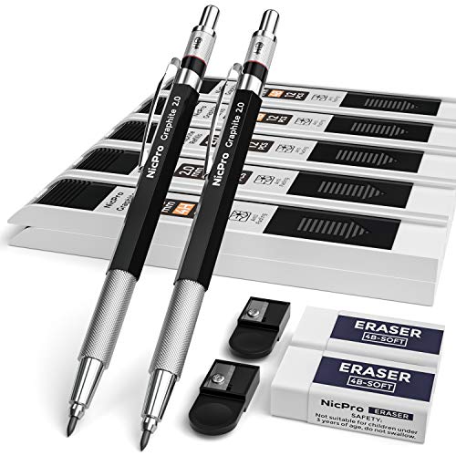 Nicpro 2mm Metal Mechanical Pencil Set, 2PCS Lead Holder 2.0 mm Marker Artist Carpenter Pencils with 120 Graphite Lead Refill (HB 2H 4H 2B 4B & Color), 2 Eraser for Drafting, Drawing Writing Sketching - size: 2 Pack