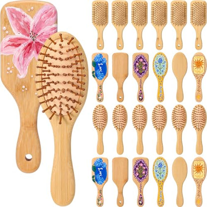 DoubleFill 24 Set DIY Bamboo Hair Brush Crafts Kit Wooden Hairbrush Bulk Gifts Bamboo Paddle Hairbrush for Painting Make Your Own Brush Craft Gift for Massaging Scalp Thick Thin Curly and Dry Hair