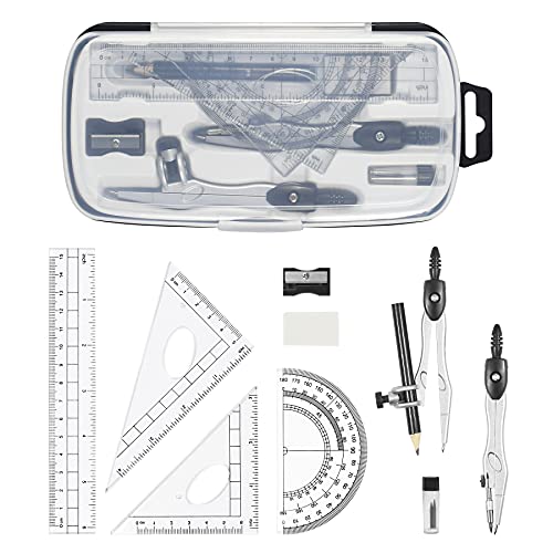 Unjoo Math Geometry Kit Sets 10 Piece Student Supplies with Shatterproof Storage Box,Includes Rulers,Protractor,Compass,Eraser,Pencil Sharpener,Lead Refills,Pencil,for Drafting and Drawings（Black） | Shatterproof Storage Box,Rulers,Protractor,Compass,Erase