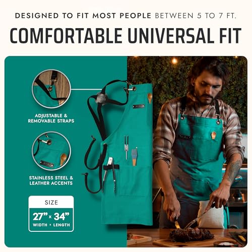 Asaya Chef and BBQ Apron with Bottle Opener and Hand Towel - 10oz Cotton Canvas, Stainless Steel Hardware - Cross Back Straps - color: Forest Green