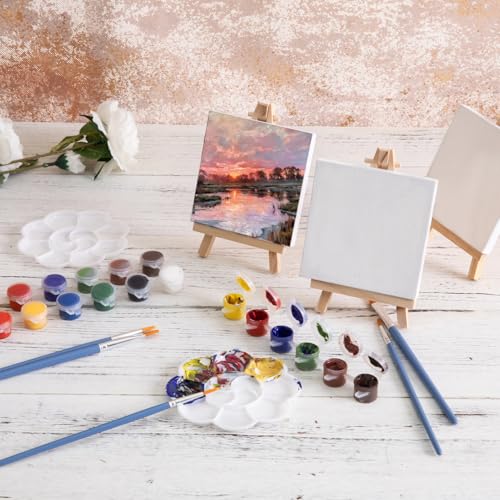 AILOVE 12-Pc Acrylic Paint Art Kit: 4x4 Inch Mini Stretched Canvases with Easels, Paint Strips, Brushes, Palette | Art Supplies for Kids, Adults, Classroom, Birthday Party Favors