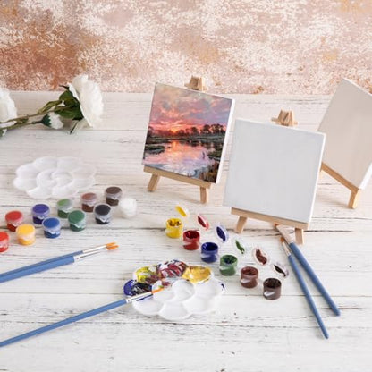 AILOVE 12-Pc Acrylic Paint Art Kit: 4x4 Inch Mini Stretched Canvases with Easels, Paint Strips, Brushes, Palette | Art Supplies for Kids, Adults, Classroom, Birthday Party Favors