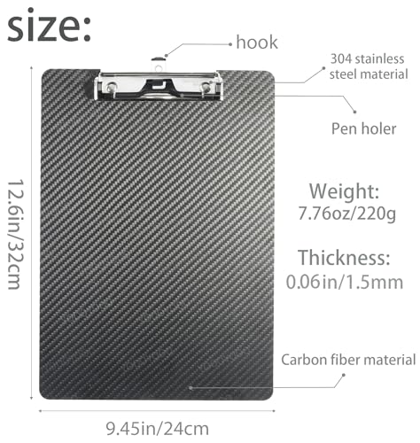 Carbon Fiber Clipboard with Pen Holder,Dry Carbon Fiber Clipboard with 304 Stainless Steel Low Profile Clip,3k Twill Carbon Clip Board 8.5×11 A4 Letter Size - color: 304 Stainless Steel Clip, size: 9.4*12.6*0.06inch+1Clip