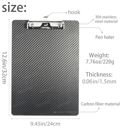 Carbon Fiber Clipboard with Pen Holder,Dry Carbon Fiber Clipboard with 304 Stainless Steel Low Profile Clip,3k Twill Carbon Clip Board 8.5×11 A4 Letter Size - color: 304 Stainless Steel Clip, size: 9.4*12.6*0.06inch+1Clip