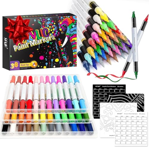 SFAIH 36 Colors Acrylic Paint Markers Set with Dual Tips (Brush & Chisel) for Artists & Crafters No Bleed, High Coverage Paint Pens for Rock, Canvas, Fabric, Ceramic - color: 36 Colors