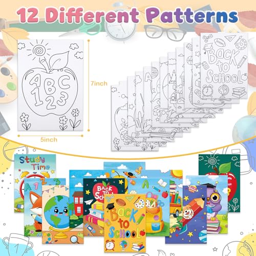 Anseal 12 Packs Pre Drawn Canvas to Paint, Back to School Pre Printed Canvas for Kids, Pre Stretched Canvas Outline Painting Boards for Beginners, Students, Party Favor（ 5" X 7"） - color: School