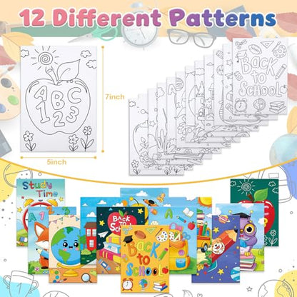 Anseal 12 Packs Pre Drawn Canvas to Paint, Back to School Pre Printed Canvas for Kids, Pre Stretched Canvas Outline Painting Boards for Beginners, Students, Party Favor（ 5" X 7"） - color: School