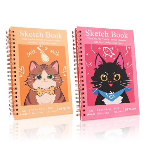 DSTELIN 2 Pack Hardcover Sketchbooks (100 GSM Sketch Paper), 7.5x5.1 Inch Spiral Sketch Book for Sketching, Drawing, Painting, 50 Sheets per Pack, Red and Yellow
