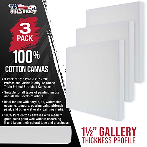 U.S. Art Supply Large Stretched Canvas for Painting 20x20 inch Gallery Depth 1-1/2" Thick, 3-Pack - 12oz Acrylic Gesso Triple Primed, Professional Artist Quality, 100% Cotton - Oil, Pouring Paint - size: 20" x 20"