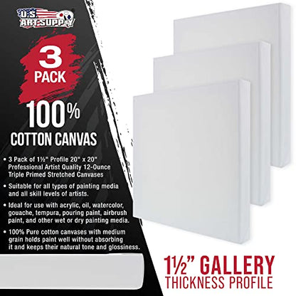 U.S. Art Supply Large Stretched Canvas for Painting 20x20 inch Gallery Depth 1-1/2" Thick, 3-Pack - 12oz Acrylic Gesso Triple Primed, Professional Artist Quality, 100% Cotton - Oil, Pouring Paint - size: 20" x 20"