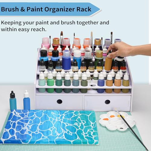 Krafetto Miniatures Paint & Paintbrush Storage Organizer Rack, Craft Paints Holder with Drawer, 43 Holes for Model Paint, 16 Holes for 2 oz Paints, 22 Holes for Brush