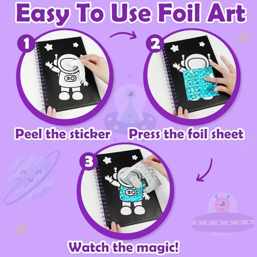 FUNNYB&G Foil Art Craft Kit for Boys 4-10 Years Old: Mess-Free & No-Glue, Create 16 Sparkly Space Pictures – Perfect Travel Toy & Birthday Gift for Kids (Space) - style: Space