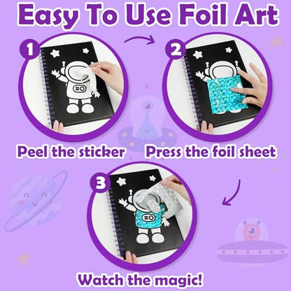 FUNNYB&G Foil Art Craft Kit for Boys 4-10 Years Old: Mess-Free & No-Glue, Create 16 Sparkly Space Pictures – Perfect Travel Toy & Birthday Gift for Kids (Space) - style: Space