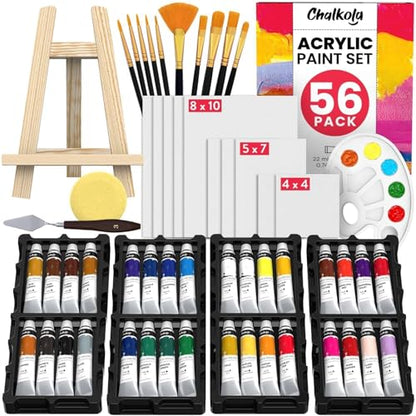 Chalkola Acrylic Paint Set for Adults & Kids - 56 Pcs Canvas Painting Kit with 32 Paints (22ml), 10 Brushes, 10 Canvases, Tabletop Easel, Palette, Knife - Professional Craft & Art Painting Supplies - size: 56 Pcs Acrylic Set