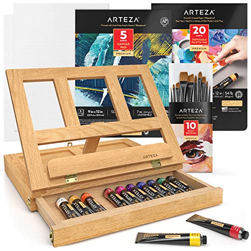 Arteza Acrylic Art Set, Includes Tabletop Easel, 12 Acrylic Paint Tubes, Palette Paper, 10 Paintbrushes, Canvas Pads & Canvas Panels, Art Supplies for Beginners and Professional Artists - style: Art Set with Easel