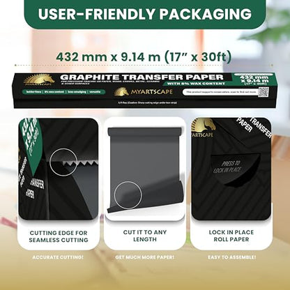 MyArtscape Graphite Transfer Paper Roll 17" x 30ft – Black Carbon Wax Paper for Precise Drawing & Tracing - size: 17" x 30ft