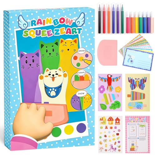 Rainbow Squeeze Art Kit, DIY Creative Scratch Art Kit for Kids, Magic Artistic ＆ Creative Squeegee Painting Set, for Drawing ＆Postcards, Favors Novelty Gifts for Boys ＆ Girls (Blue) - color: Blue