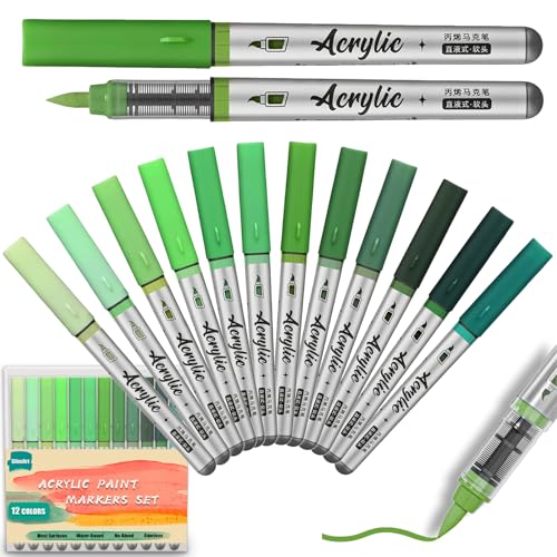 Green Acrylic Paint Markers Pens 12 Color Creative Marker Set with Soft Brush Tip Blendable, Water-Based Formula for Paper, Wood, Ceramic, Glass, Rock, Canvas, Metal, Ideal for DIY Crafts - color: Green