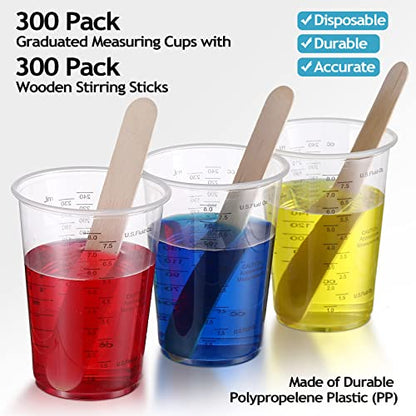 Yunsailing 300 Pieces 8 oz Plastic Measuring Cups With 300 Wooden Mixing Sticks, Disposable Measuring Cups for Epoxy Resin, Liquid, Paint, Cooking and Baking