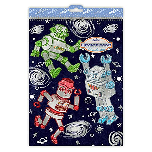 eeBoo: Silver Robots Spiral Bound Blank Sketchbook - 60 Pages, 140 GSM/95 LB Paper, 8.5x11, Eco-Friendly, Kids Art Supplies - style: Silver Robots
