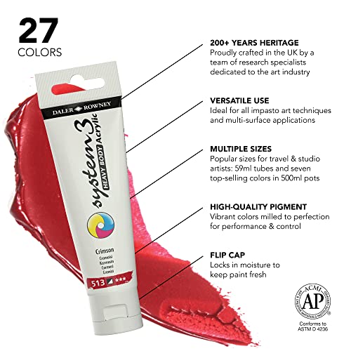 Daler Rowney System3 Crimson Heavy Body Acrylic Paint 59ml - Art Paint for Artists and Students - Artist Paint for Canvas Murals and More - Thick Acrylic Paint for All Skill Sets