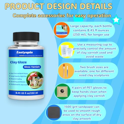 Air Dry Clay Glaze, 8.45fl Oz/250ml Clay Varnish,Pottery Glaze,with Measuring Cup Brush Petgloves, Scratch Resistant, Waterproof, Prevents Cracking, High-Gloss, Suitable for Clay Crafts