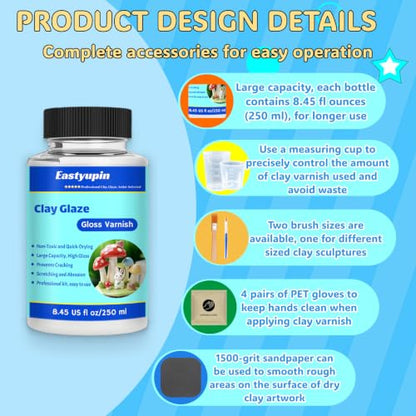 Air Dry Clay Glaze, 8.45fl Oz/250ml Clay Varnish,Pottery Glaze,with Measuring Cup Brush Petgloves, Scratch Resistant, Waterproof, Prevents Cracking, High-Gloss, Suitable for Clay Crafts