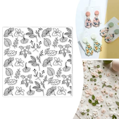 Leaf Flower Polymer Clay Texture Sheet Silicone Texture Stamp Sheets Floral Clear Texture Mat Modeling Pattern Pad Reusable for Scrapbooking Polymer Clay Pottery Earrings Jewelry Making - style: Leaf Flower