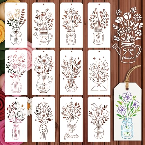 12 Sheets Vase Bouquet Painting Stencils, 12 Styles Roses Sunflowers Tulips Drawing Templates Wildflower Reusable PET Art Stencils for Painting on Wall Wood Home Decor - style: Vase Bouquet