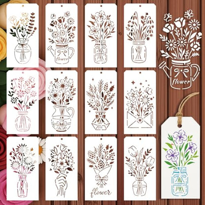 12 Sheets Vase Bouquet Painting Stencils, 12 Styles Roses Sunflowers Tulips Drawing Templates Wildflower Reusable PET Art Stencils for Painting on Wall Wood Home Decor - style: Vase Bouquet