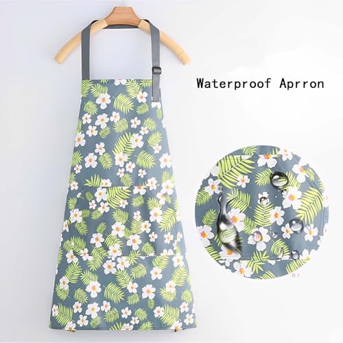 Floral Aprons with Pocket Blooming Women Waterproof Apron Adjustable Neck Long Ties Women Men Cook Baking Garden - color: Green Flowers