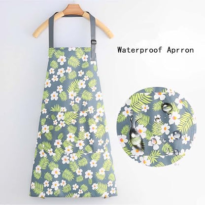 Floral Aprons with Pocket Blooming Women Waterproof Apron Adjustable Neck Long Ties Women Men Cook Baking Garden - color: Green Flowers