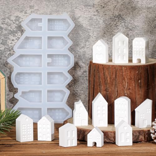 Reallnaive Mini Christmas Village House Silicone Mold Set 12 DIY Small Non Stick House Casting Crafts Soap Making Mold for Xmas Home Table Decoration Indoor(Classic)