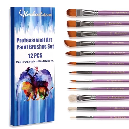12 Pcs Watercolor Paint Brushes, Professional Synthetic Bristles for Watercolor, Acrylic, Oil, Gouache, Ink | Diverse Shapes for Full-Range Techniques, for Artists & Beginners