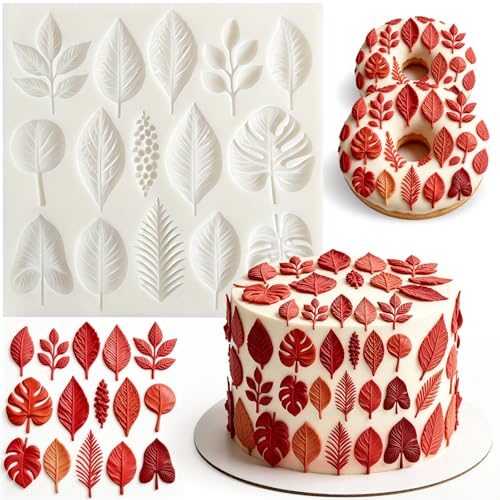 1Pc 15-Cavity Botanical Leaf Fondant Mold 3D Multi Shape Silicone Gum Paste Mold for Fall Cake Decorating Cupcake Toppers Pastry Chocolate Candy Dessert Thanksgiving Baking Resin Crafts - color: Leaf fondant mold