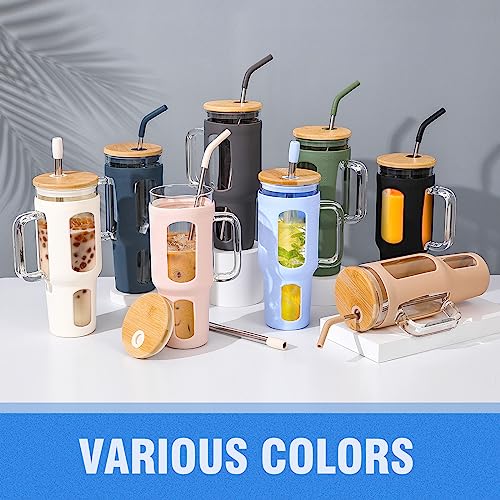 WINSA Glass Tumbler with Lid and Straw, 46 oz Iced Coffee Cup with Handle, Large Water Bottles with Silicone Sleeve, Glass Cup with Straws - Pearl Straw & Drinking Straw BPA Free-Glacier - color: Glacier, size: 46 Ounces