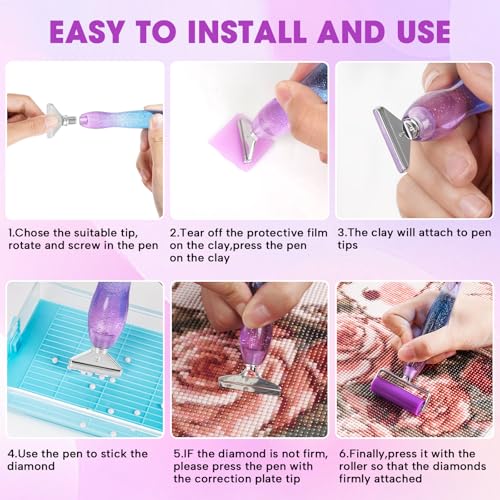 Ergonomic Diamond Painting Art Pen Accessories Kits with 6 Metal Tips, 6 Painting Glue Clay, Roller,Multi Placer Tips for DIY Crafts - style: XKZY