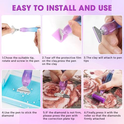 Ergonomic Diamond Painting Art Pen Accessories Kits with 6 Metal Tips, 6 Painting Glue Clay, Roller,Multi Placer Tips for DIY Crafts - style: XKZY