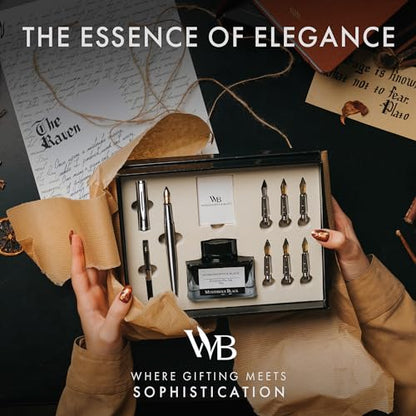 Wordsworth & Black Calligraphy Pen Gift Set, Includes Bottle, 6 Cartridges, 1 Refill Converter, 6 Replacement Nibs, Premium Package, Journaling, Smooth Writing Pens [Silver Chrome] - color: Silver Chrome