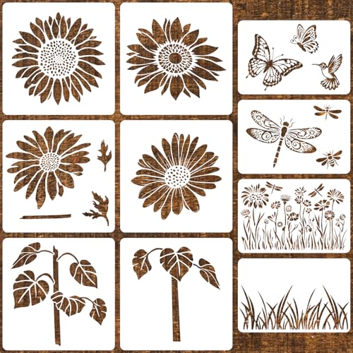 10 Pcs Large Sunflower Stencils for Painting Reusable Floral Butterfly Leaf Crafts Templates Set for DIY Drawing, Walls, Wood, Window, Garden Fence Furniture - color: Sunflowe