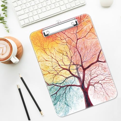 Plastic Cute Clipboard Low-Profile Metal Clip, A4 Letter Size 9 x 12.5 in, 8.5 x 11 Paper Clip Board for Teachers, Nurses, Classroom,Sunset Tree - color: Sunset Tree