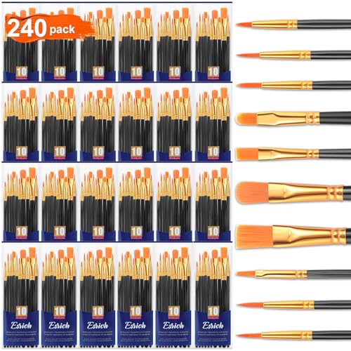 ESRICH Acrylic Paint Brushes Set, 24 Packs / 240 Pcs Watercolor Brushes,Nylon Brush Head, for Oil Painting, Gouache, Face,Ceramics etc, Kid's and Adults Painting Arts and Crafts Sets.(Black) - color: Black, size: 240