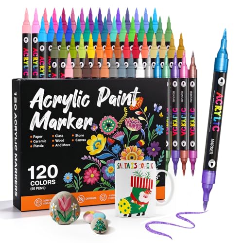 WINSONS 120 Colors Acrylic Paint Markers Dual Tip Dual Colors Brush Tip Pens for Rock Painting Supplies, Canvas, Wood, Calligraphy, Metal, Glass, DIY Crafts Art Supplies Kit (120 Colors - Dual Colors) - style: 120 Colors - Dual Colors