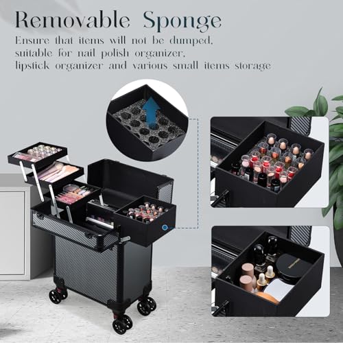 Rolling Makeup Case, Cosmetology Case on Wheels Professional Vanity Case with Trays for Women Large Travel Makeup Box Organizer Trolley with Key, Ashy Grey - color: Urban Black