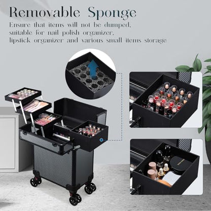 Rolling Makeup Case, Cosmetology Case on Wheels Professional Vanity Case with Trays for Women Large Travel Makeup Box Organizer Trolley with Key, Ashy Grey - color: Urban Black
